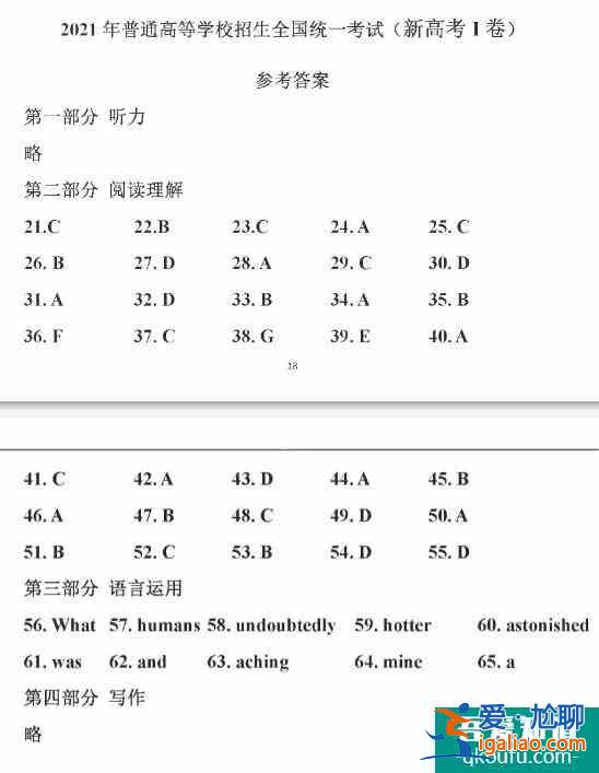 2021年高考江苏卷(新高考一卷)英语试题答案出炉！？