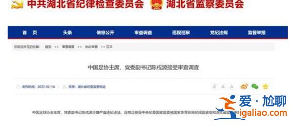 中国足协主席陈戌源被查，，目前正接受检察机关调查[被查]？