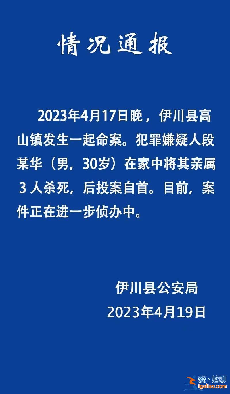 河南伊川一男子在家中将其亲属3人杀死 后投案自首？