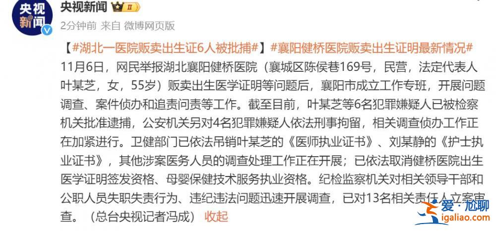 湖北襄阳健桥医院贩卖出生证 院长叶某芝等6人被批捕？