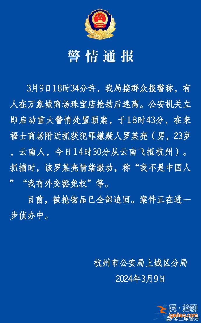 男子从云南飞抵杭州抢劫珠宝店 被抓时叫嚣“我不是中国人”？