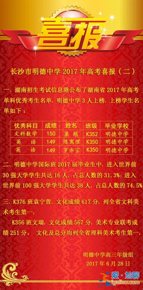 长沙明德中学 升学率，长沙明德中学高中部成绩如何？