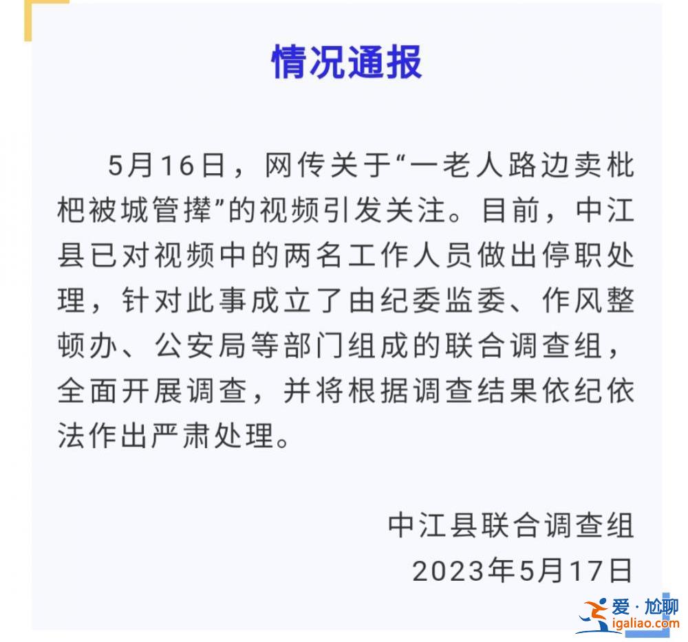 网传老人路边卖枇杷被城管撵 官方成立联合调查组 两工作人员被停职？