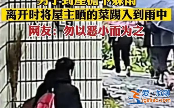 男子躲雨，离开前将屋主晒的菜踢进雨中[躲雨]？
